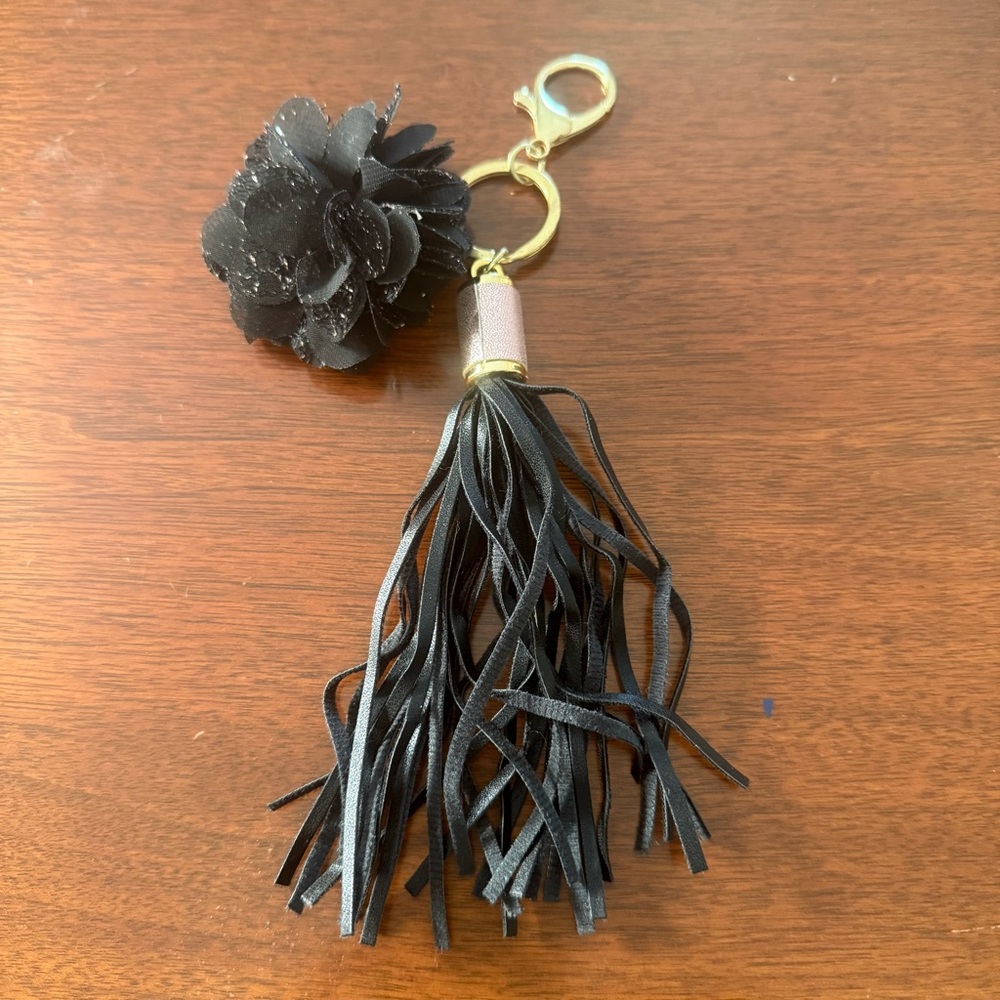 Black Flower & Tassel Keychain / Purse Charm w gold tone hardware